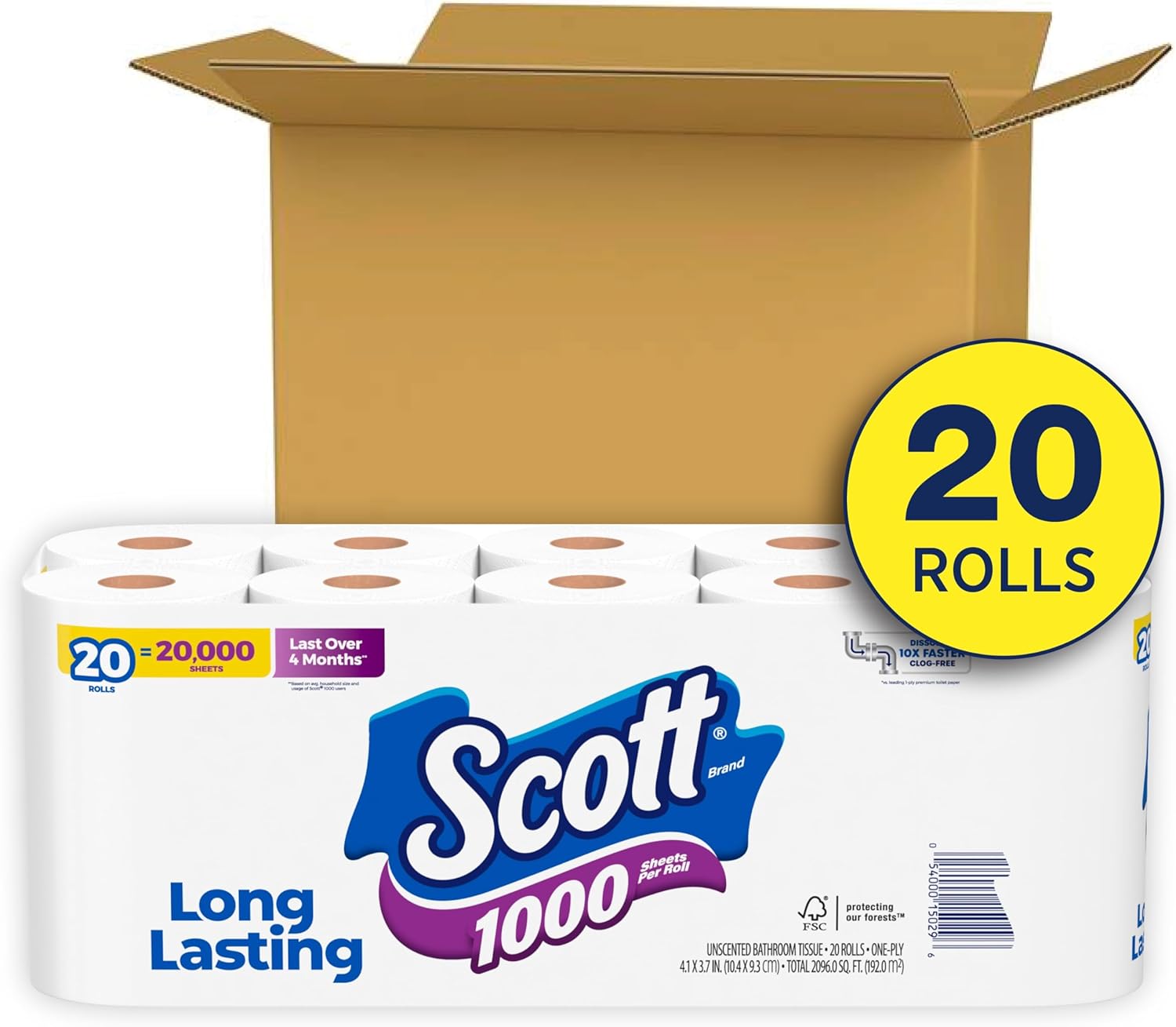 Scott 1000 Toilet Paper, 20 Regular Rolls, Septic-Safe, 1-Ply Toilet Tissue
