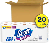 Scott 1000 Toilet Paper, 20 Regular Rolls, Septic-Safe, 1-Ply Toilet Tissue