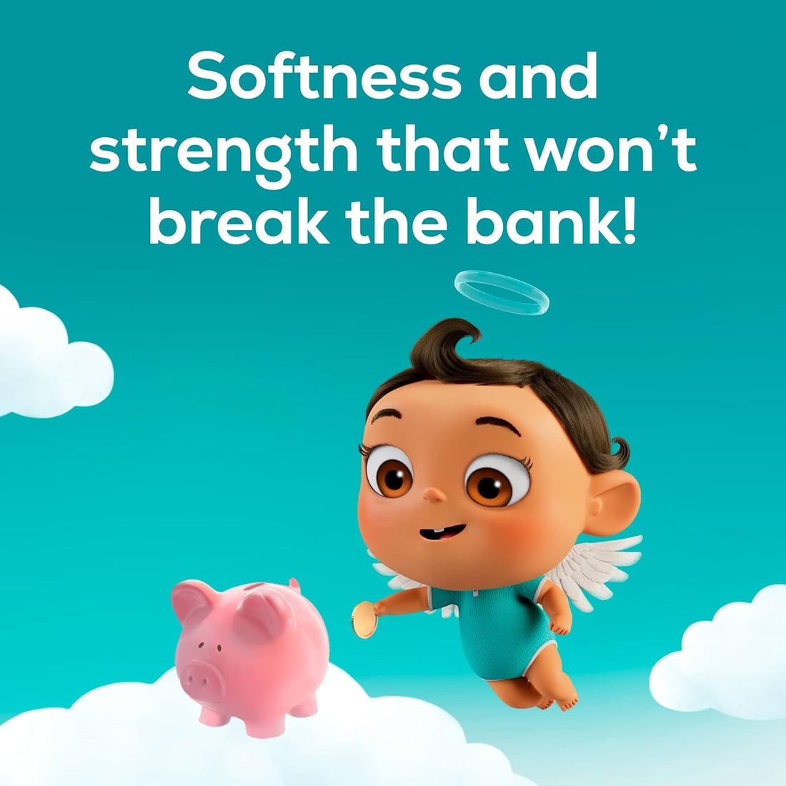 Cartoon character with a piggy bank on clouds against a blue sky with text about softness and strength.