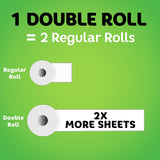 Comparison of a double roll and two regular rolls with text indicating double the sheets on a green background.