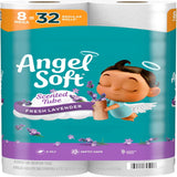 Angel Soft scented toilet paper roll with lavender fragrance on a blue and purple background