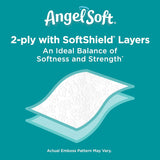 Advertisement for Angel Soft with text about 2-ply and SoftShield layers on a teal background.