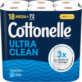 Cottonelle Ultra Clean toilet paper package with 18 Mega rolls on a blue background