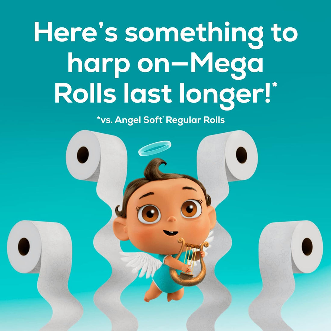 Cartoon character with a harp surrounded by toilet paper rolls on a blue background