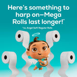 Cartoon character with a harp surrounded by toilet paper rolls on a blue background
