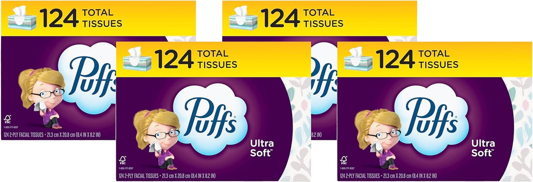 Puffs Ultra Soft Facial Tissues, 1 Family Size Box, 124 Facial Tissues Per Box (Pack of 4)
