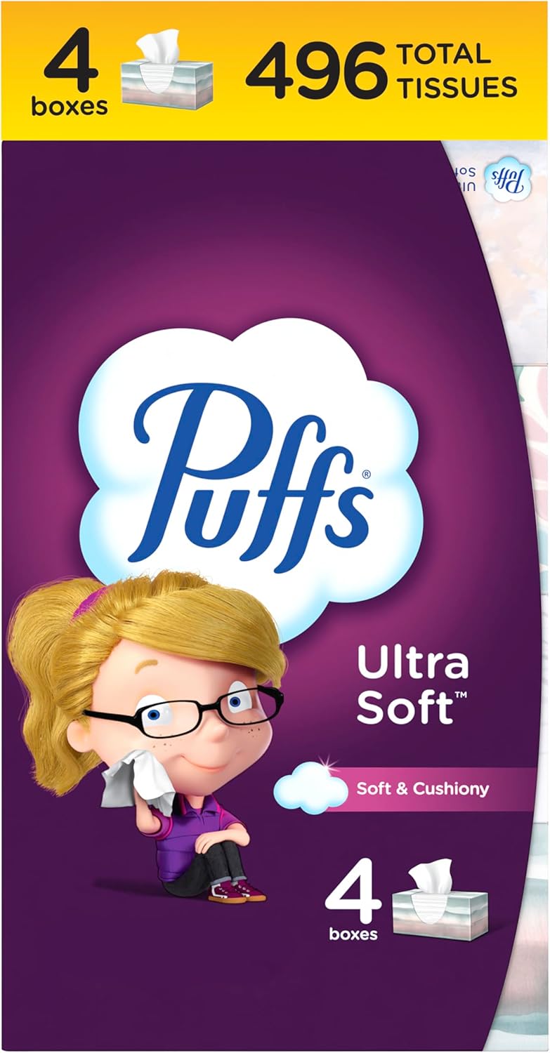 Puffs Ultra Soft Non-Lotion Facial Tissue, 8 Family Boxes, 124 Facial Tissues per Box