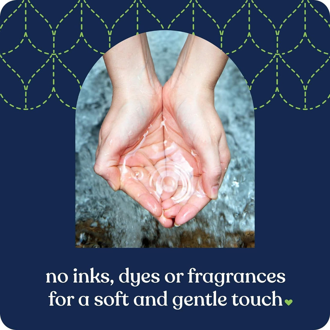 Hands cupping water with a blue background and text about product attributes.