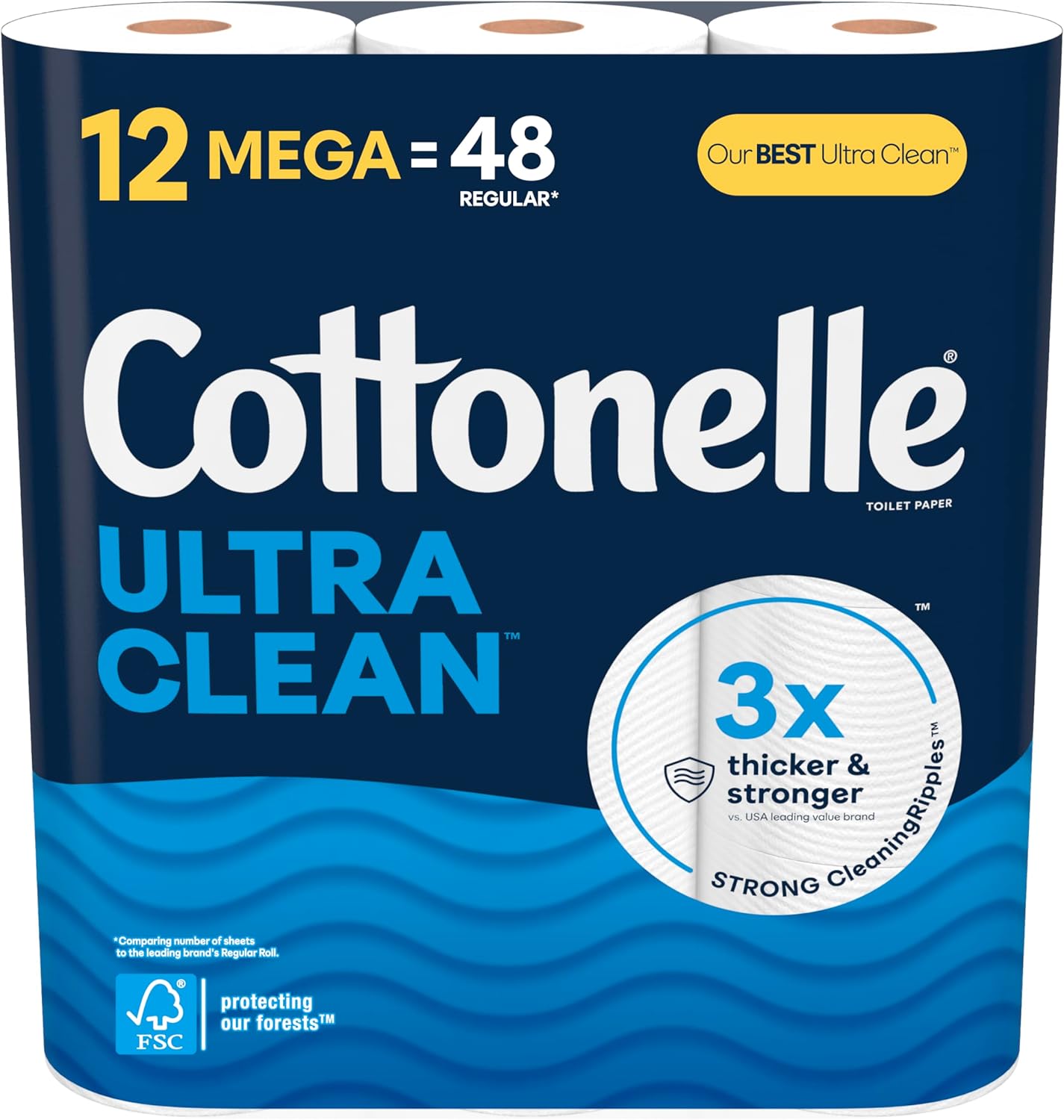 Cottonelle Ultra Clean Toilet Paper, 12 Mega Rolls (= 48 Regular), 284 Sheets Per Roll, Packaging May Vary
