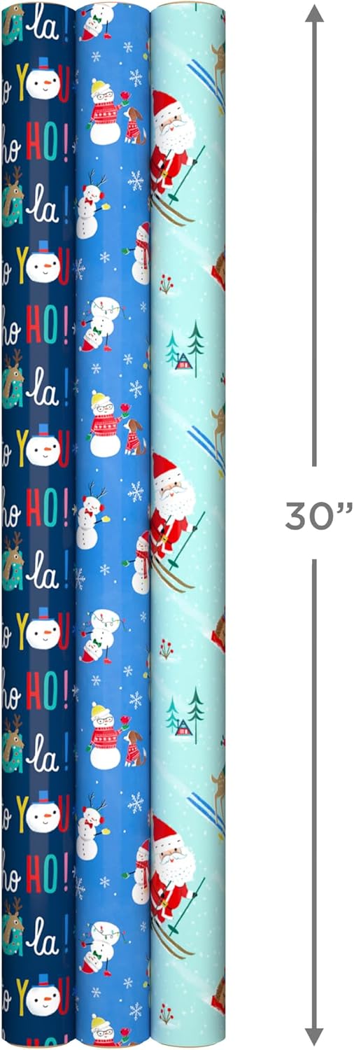 Hallmark Reversible Kids' Christmas Wrapping Paper, 3 Rolls (Skiing Santa, Penguins, Snowmen), 120 Sq Ft – view 3