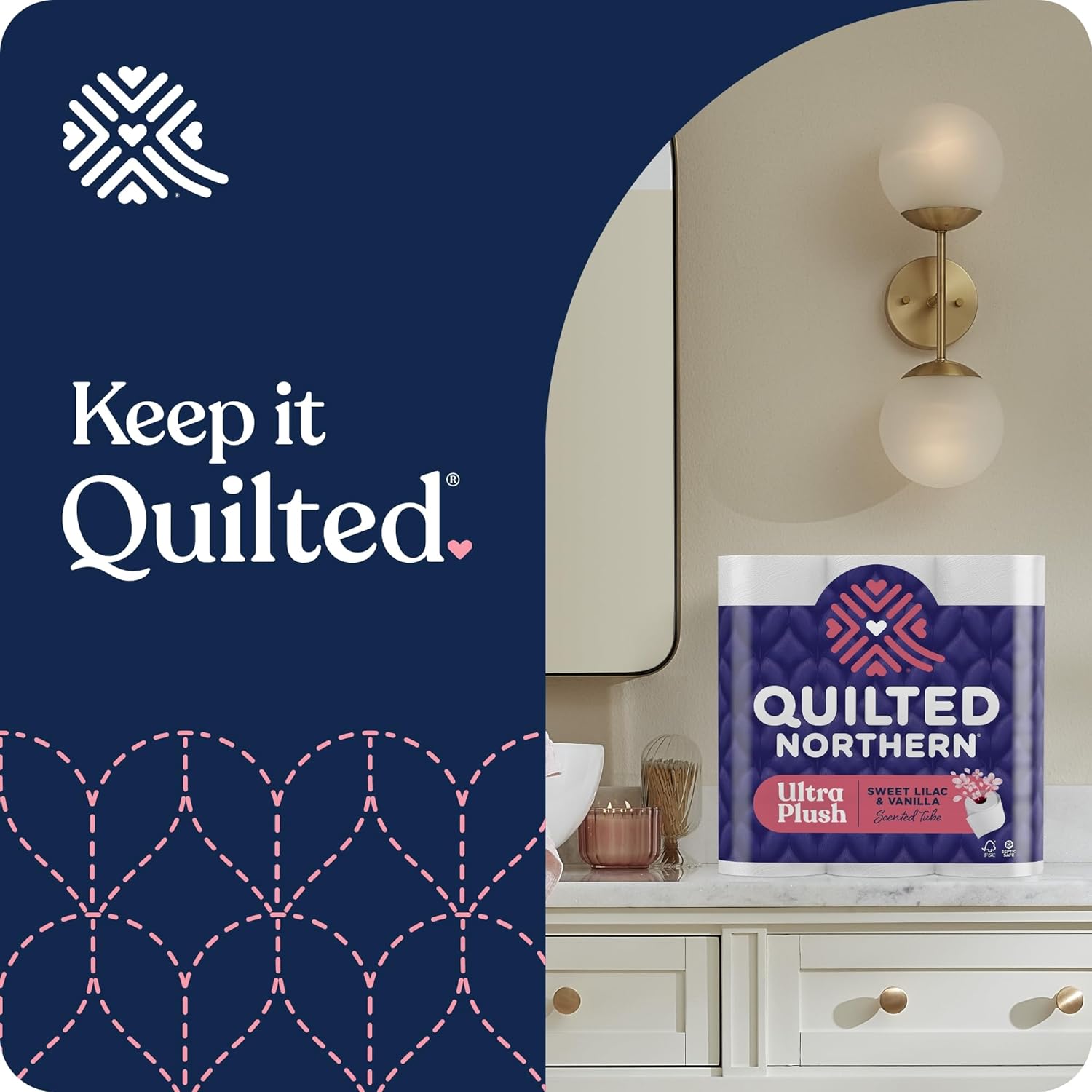 Quilted Northern Ultra Plush Toilet Paper with Sweet Lilac & Vanilla Scented Tube, 24 Mega Rolls = 96 Regular Rolls (Packaging May Vary) White