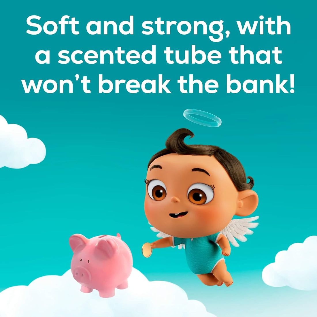 Cartoon character with a pink piggy bank on clouds against a blue sky with text about a scented tube product.