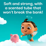 Cartoon character with a pink piggy bank on clouds against a blue sky with text about a scented tube product.