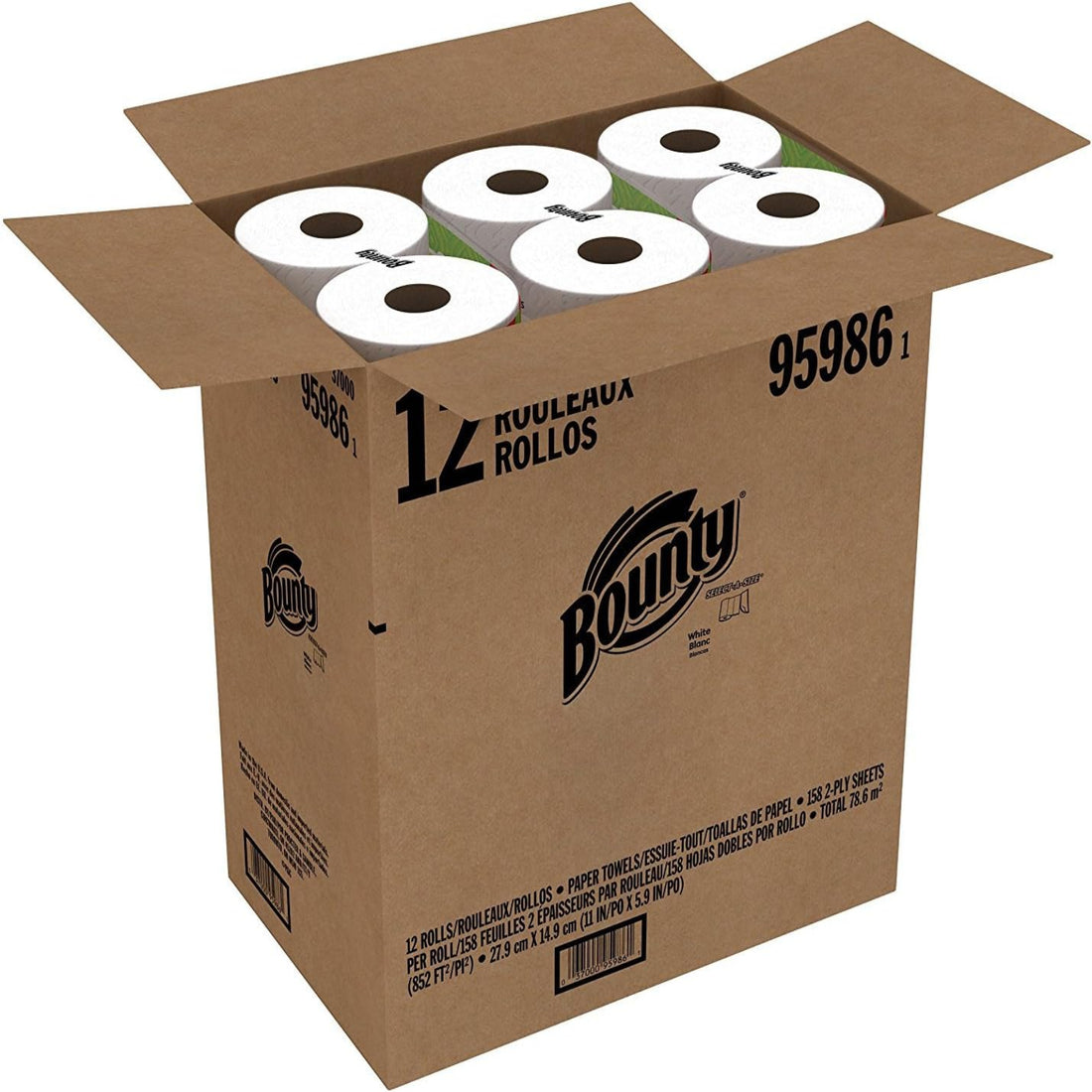Box of Bounty paper towels with multiple rolls inside on a white background