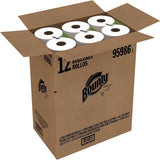 Box of Bounty paper towels with multiple rolls inside on a white background