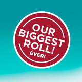 Red circular logo with white text 'Our Biggest Roll! Ever!' on a gradient blue background