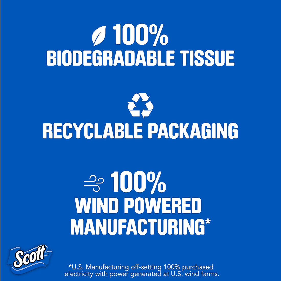 Scott tissue advertisement highlighting biodegradable tissue, recyclable packaging, and wind-powered manufacturing on a blue background.