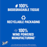 Scott tissue advertisement highlighting biodegradable tissue, recyclable packaging, and wind-powered manufacturing on a blue background.