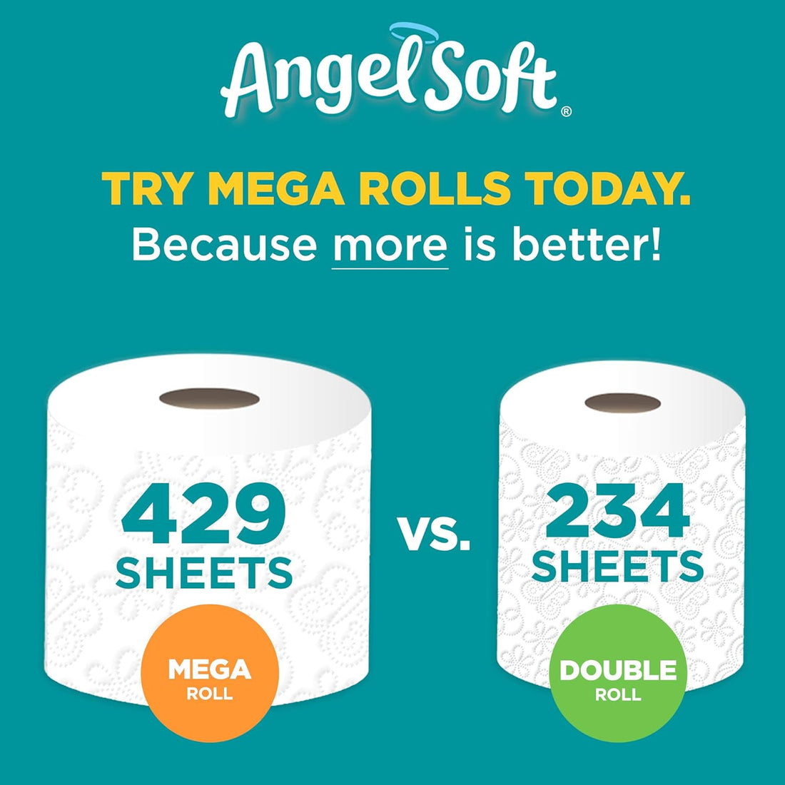 Advertisement for Angel Soft toilet paper showing a mega roll with 429 sheets and a double roll with 234 sheets on a teal background.