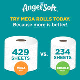 Advertisement for Angel Soft toilet paper showing a mega roll with 429 sheets and a double roll with 234 sheets on a teal background.