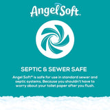 Angel Soft toilet paper packaging with text about septic and sewer safety on a teal background
