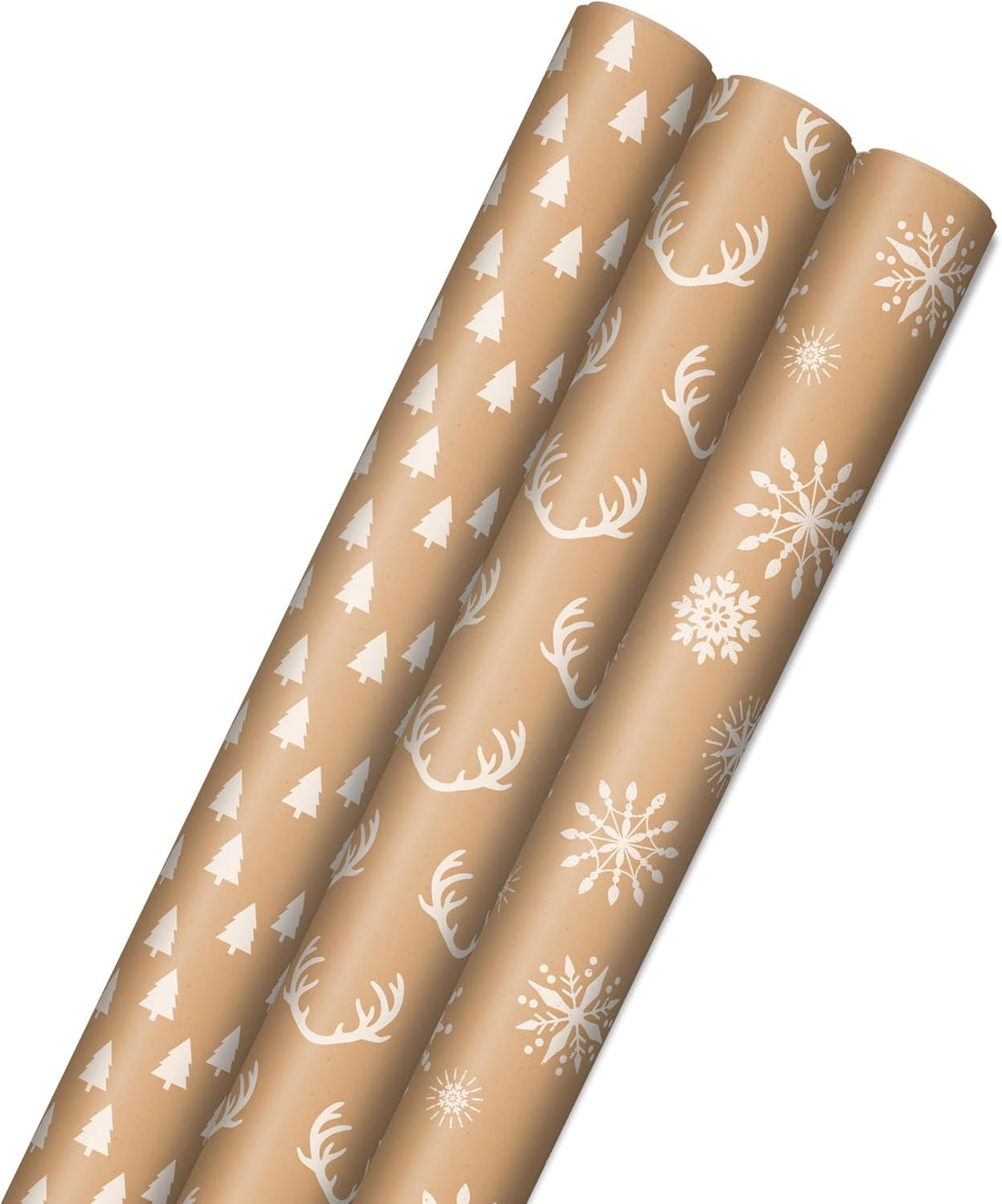 Hallmark Kraft Christmas Wrapping Paper, 3 Rolls (Trees, Antlers, Snowflakes), 90 Sq Ft