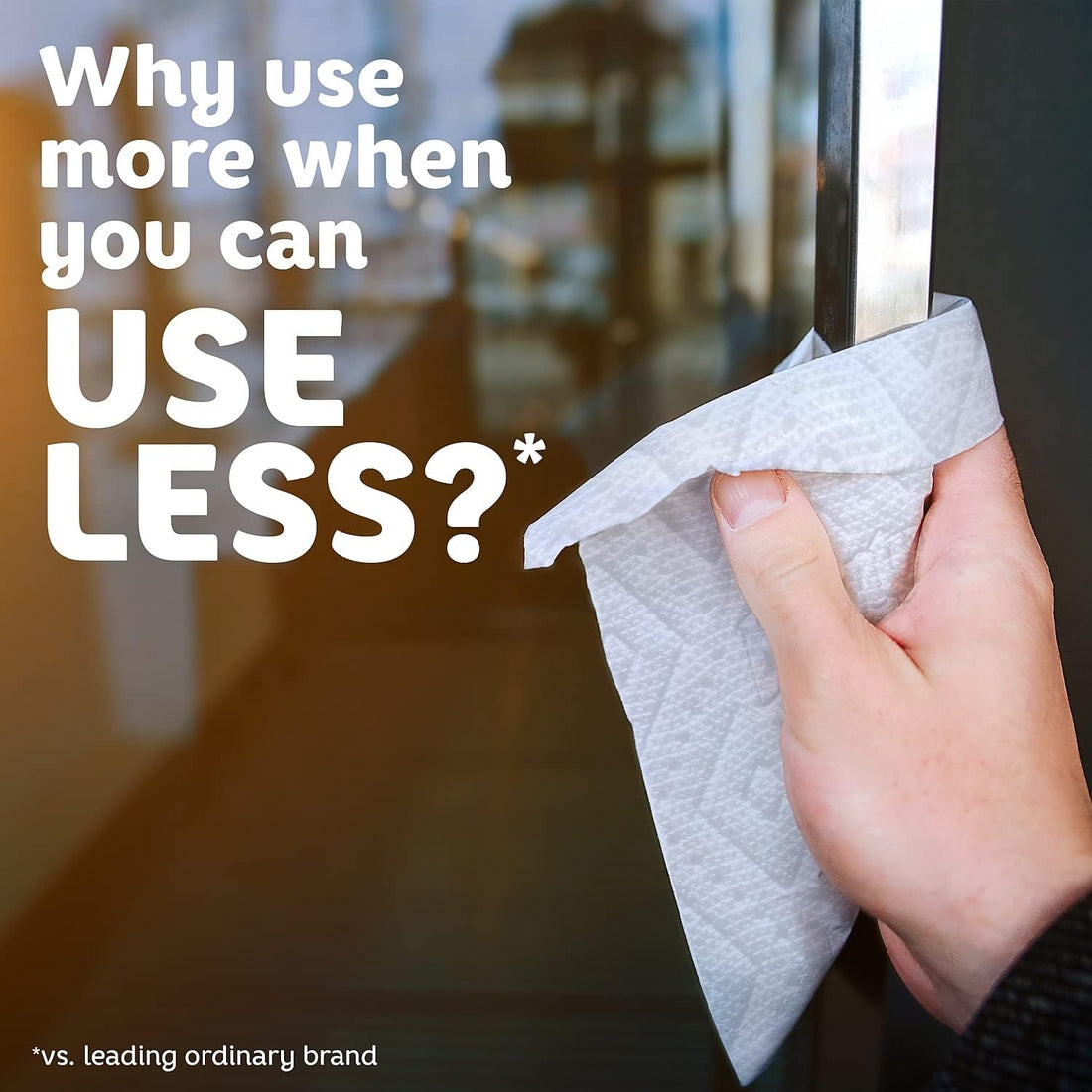 Hand holding a cloth with text overlay in a bathroom setting