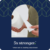 Person holding a roll of toilet paper with text '5x stronger' on a blue background