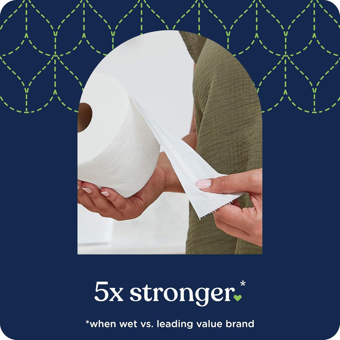 Person holding a roll of toilet paper with text '5x stronger' on a blue background
