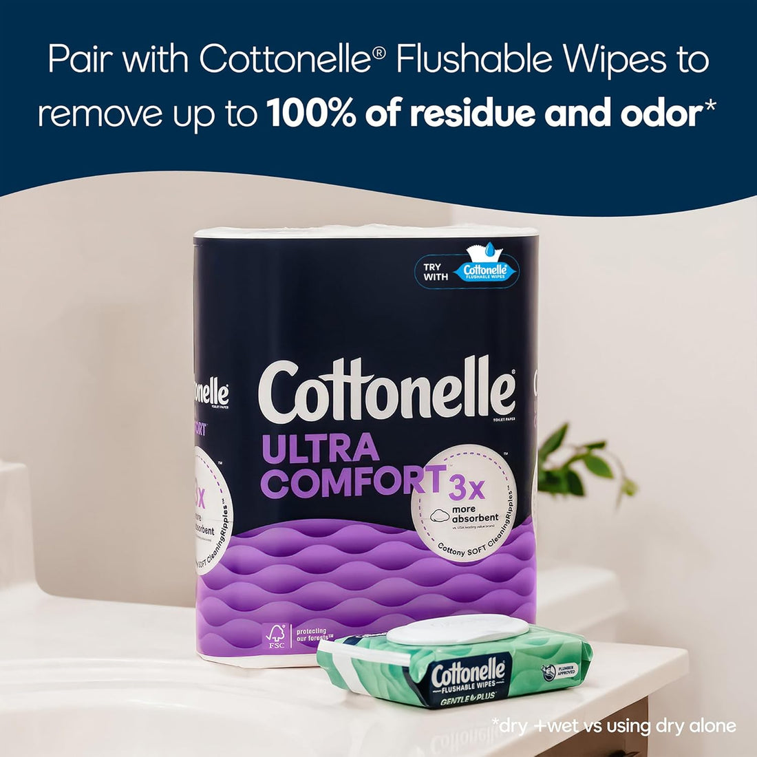 Cottonelle Ultra Comfort 3x toilet paper roll on a bathroom counter with promotional text.