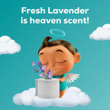 Cartoon character with a pot of lavender on a cloud, with text 'Fresh Lavender is heaven scent!' against a blue background.