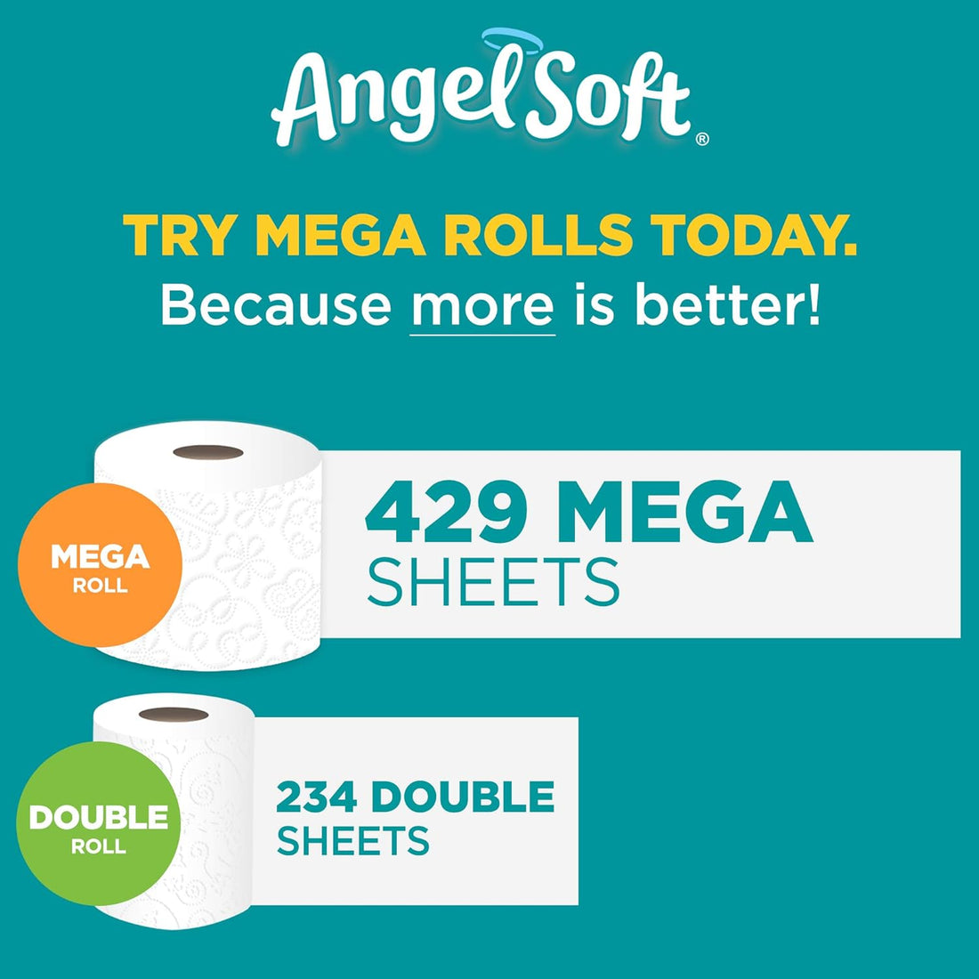 Advertisement for Angel Soft toilet paper with text and images of mega rolls and double rolls on a teal background.