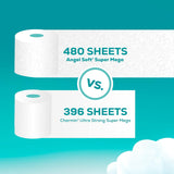Comparison of Angel Soft and Charmin toilet paper rolls with text indicating sheet count on a teal background.