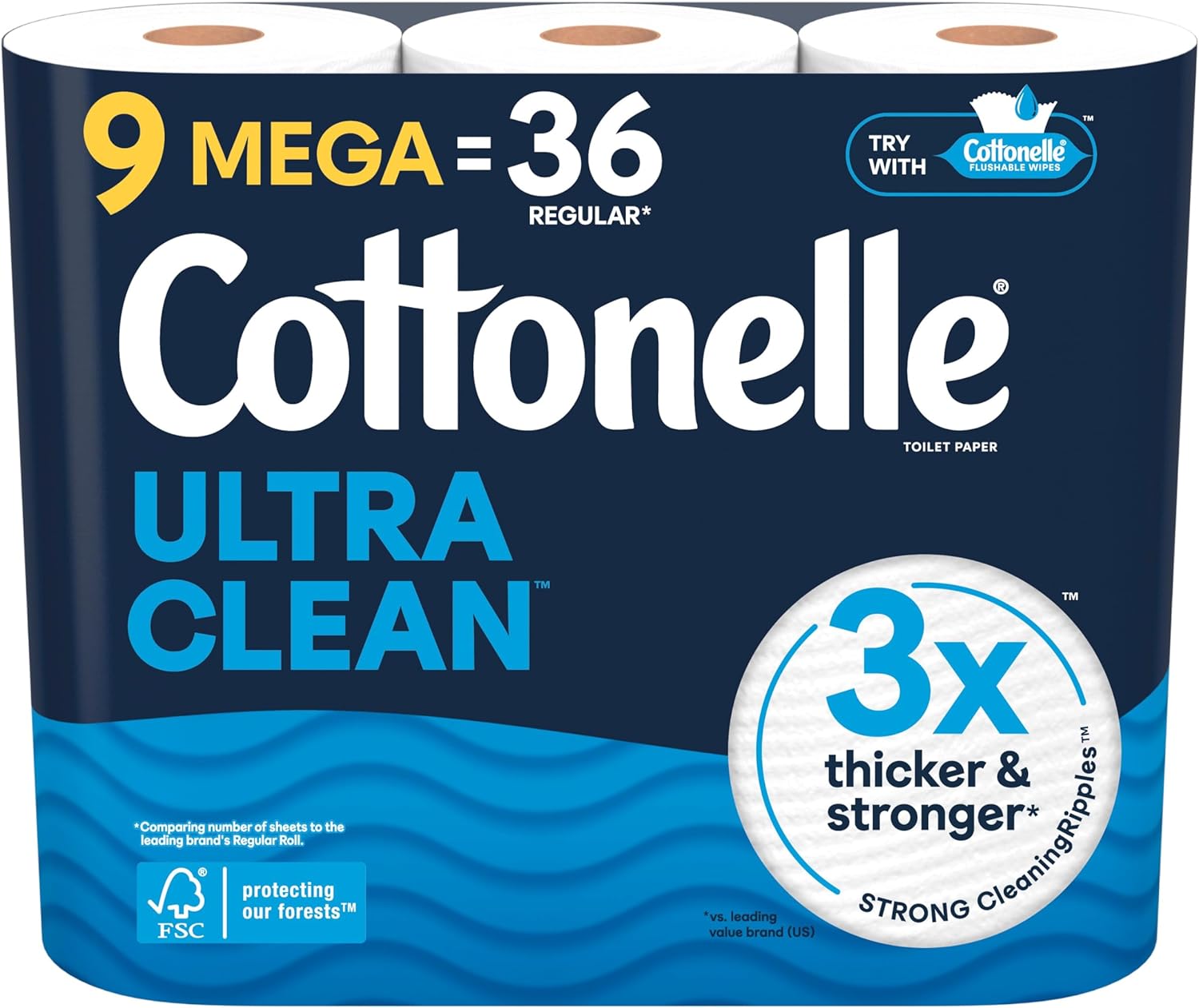 Cottonelle Ultra Clean Toilet Paper, 9 Mega Rolls (9 Mega Rolls = 36 Regular Rolls), 284 Sheets Per Roll, Packaging May Vary
