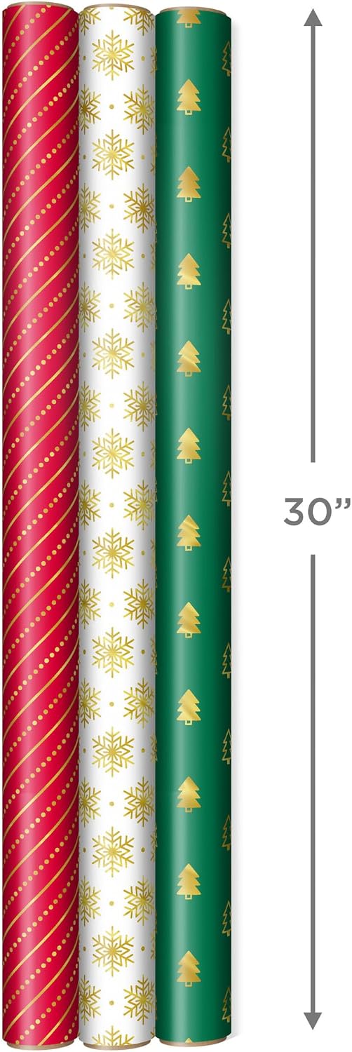 Hallmark Gold Christmas Wrapping Paper Set with Bows, Ribbon & Tags, 3 Rolls (Red, Green, White), 90 Sq Ft – view 3