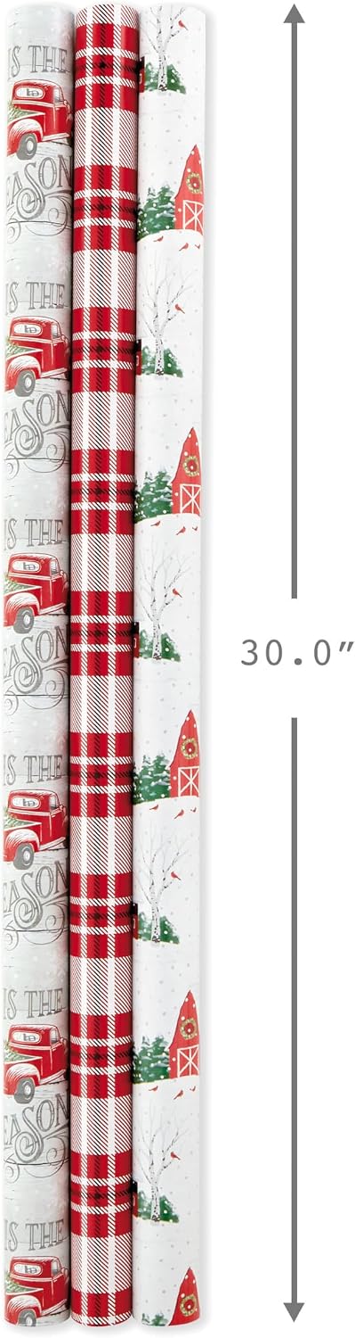 Hallmark Reversible Christmas Wrapping Paper, 3 Rolls (Red Truck, Plaid, Barn), 120 Sq Ft – view 2