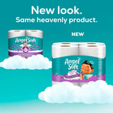 Two packages of Angel Soft toilet paper with a blue background and text indicating 'New look. Same heavenly product.'