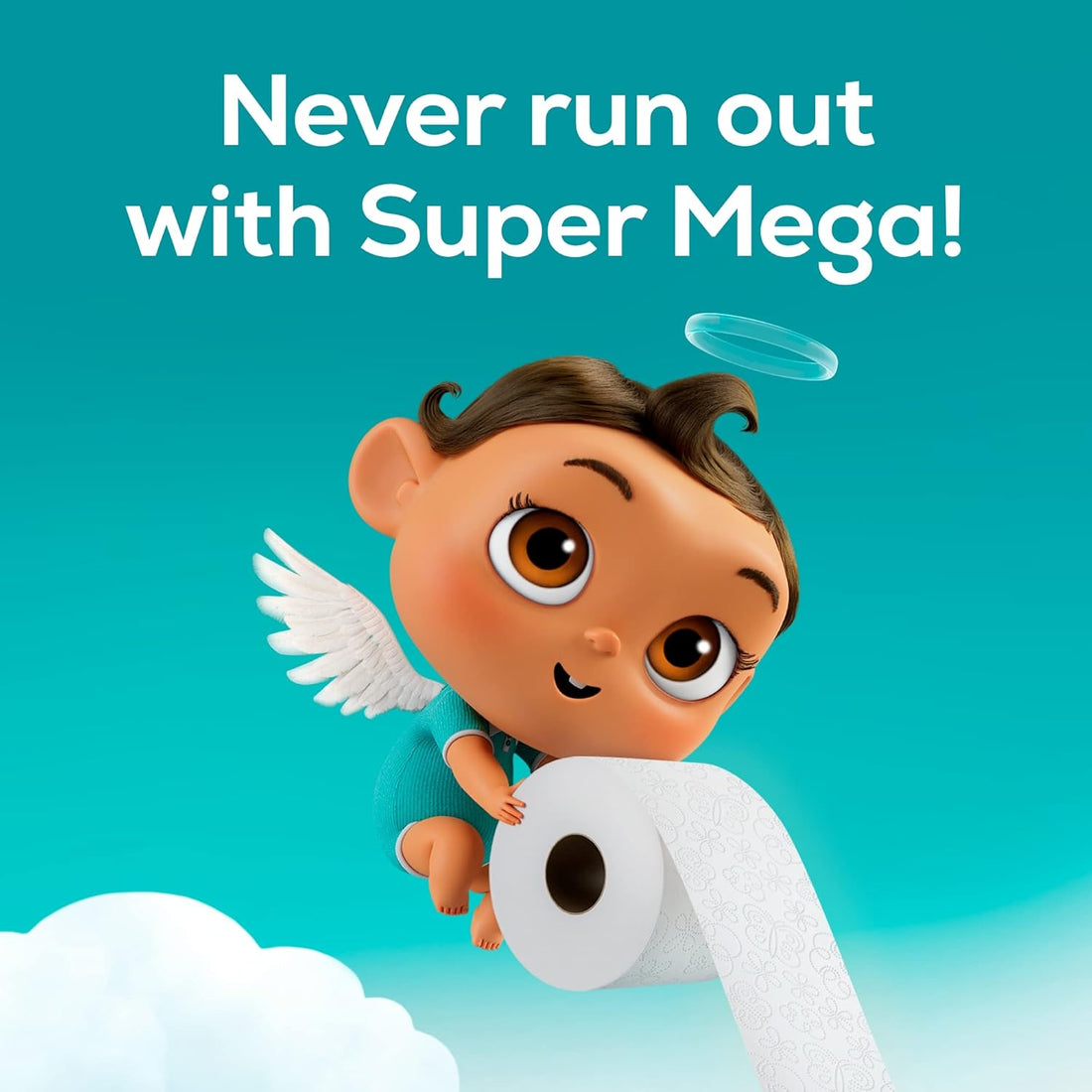 Cartoon character with wings holding a roll of toilet paper against a blue background with text 'Never run out with Super Mega!'.