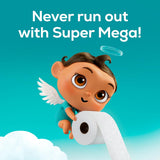 Cartoon character with wings holding a roll of toilet paper against a blue background with text 'Never run out with Super Mega!'.