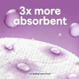 Text '3x more absorbent' with water droplets on a purple background