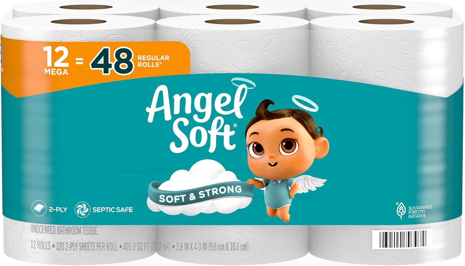 Angel Soft Toilet Paper, 12 Mega Rolls = 48 Regular Rolls, Soft and Strong Toilet Tissue