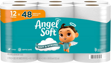 Angel Soft Toilet Paper, 12 Mega Rolls = 48 Regular Rolls, Soft and Strong Toilet Tissue