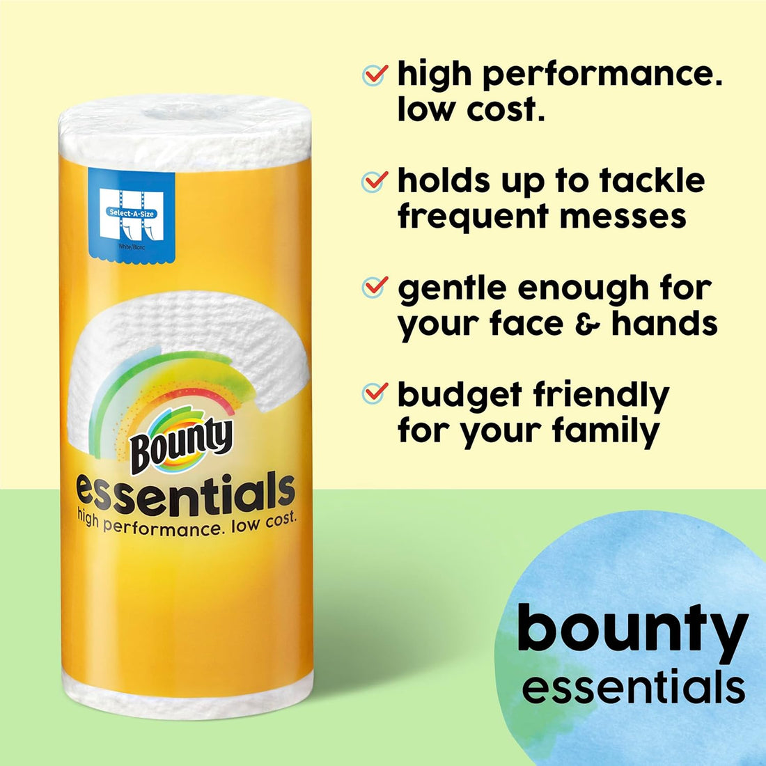 Bounty essentials paper towels with features listed on a yellow and green background