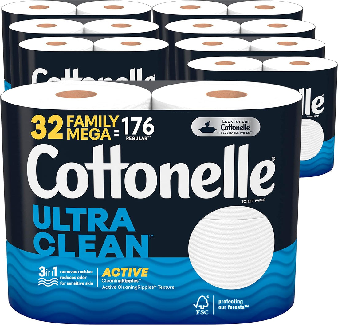 Cottonelle Ultra Clean Toilet Paper with Active CleaningRipples Texture, Strong Bath Tissue, 24 Family Mega Rolls = 132 Regular Rolls (4 Packs of 6)