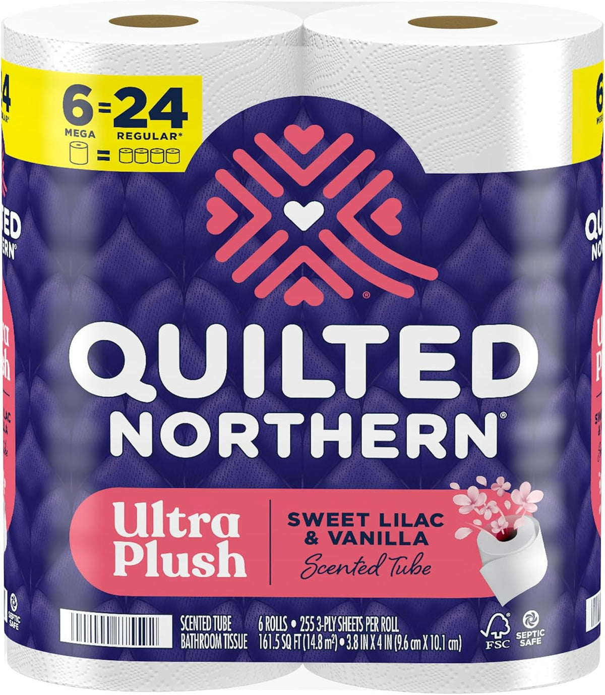 Quilted Northern Ultra Plush Toilet Paper with Sweet Lilac & Vanilla Scented Tube, 24 Mega Rolls = 96 Regular Rolls (Packaging May Vary) White