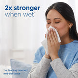 Woman blowing her nose with a tissue, text indicating product strength comparison.