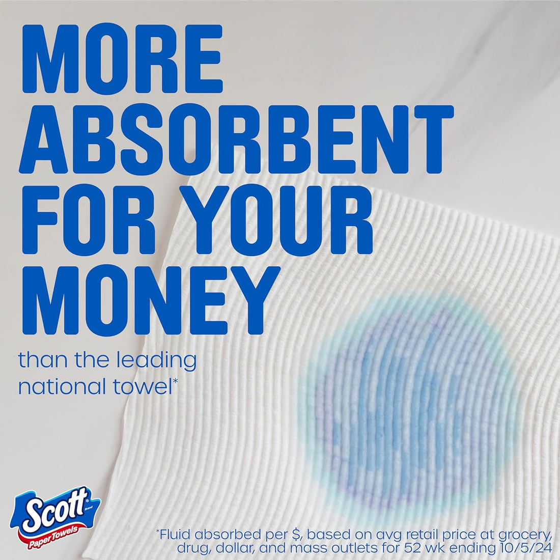 Advertisement for Scott paper towels with text 'More absorbent for your money' on a white background.