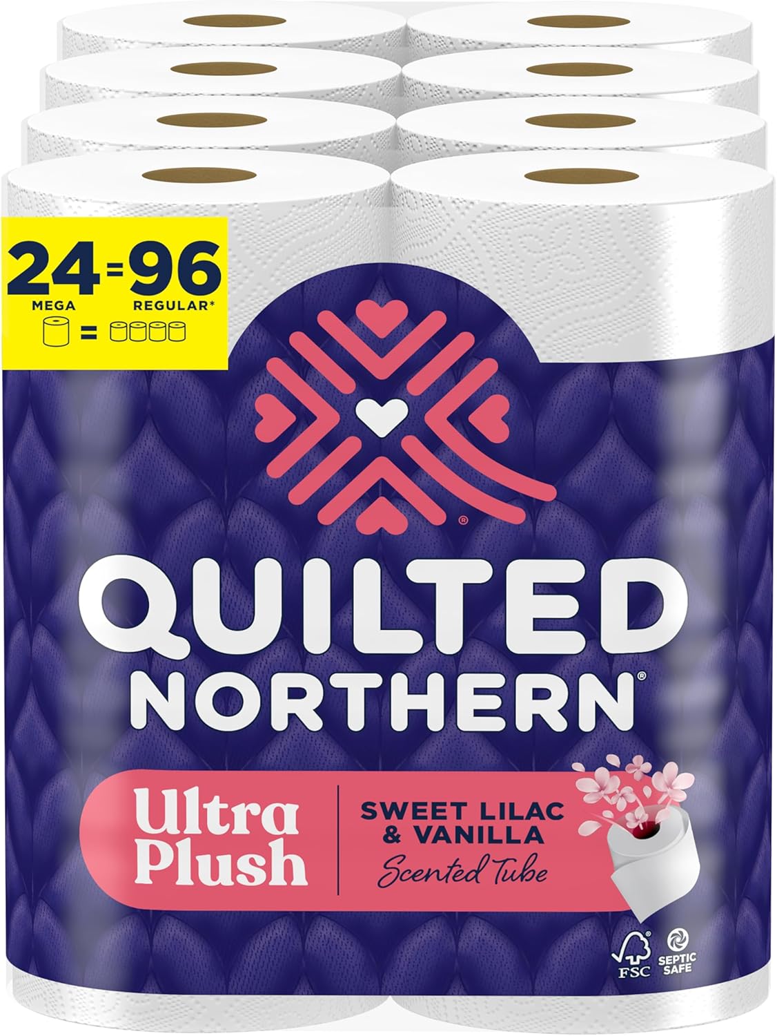 Quilted Northern Ultra Plush Toilet Paper with Sweet Lilac & Vanilla Scented Tube, 24 Mega Rolls = 96 Regular Rolls (Packaging May Vary) White
