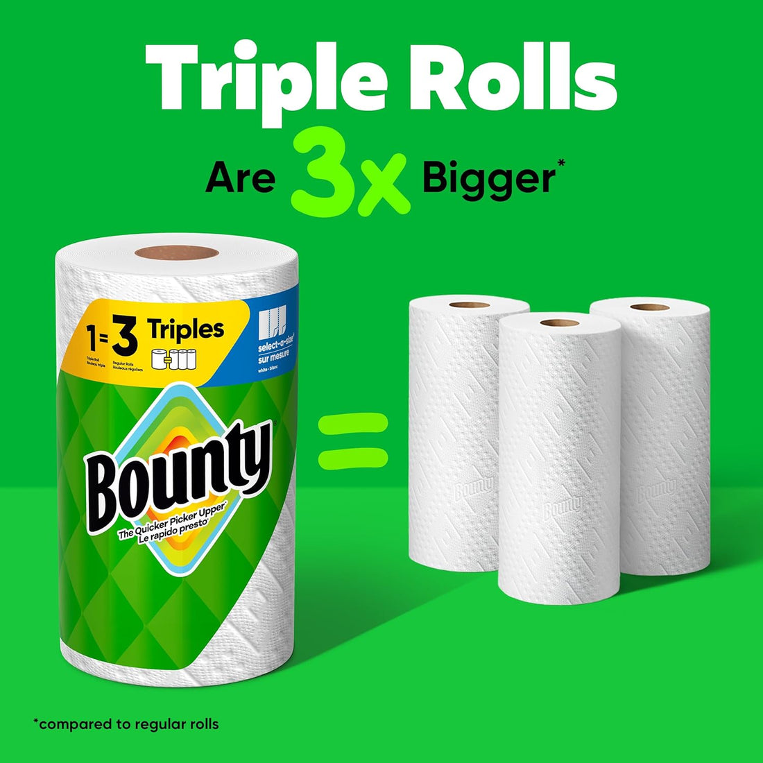 Bounty paper towel roll with three additional rolls on a green background, highlighting 'Triple Rolls' feature.