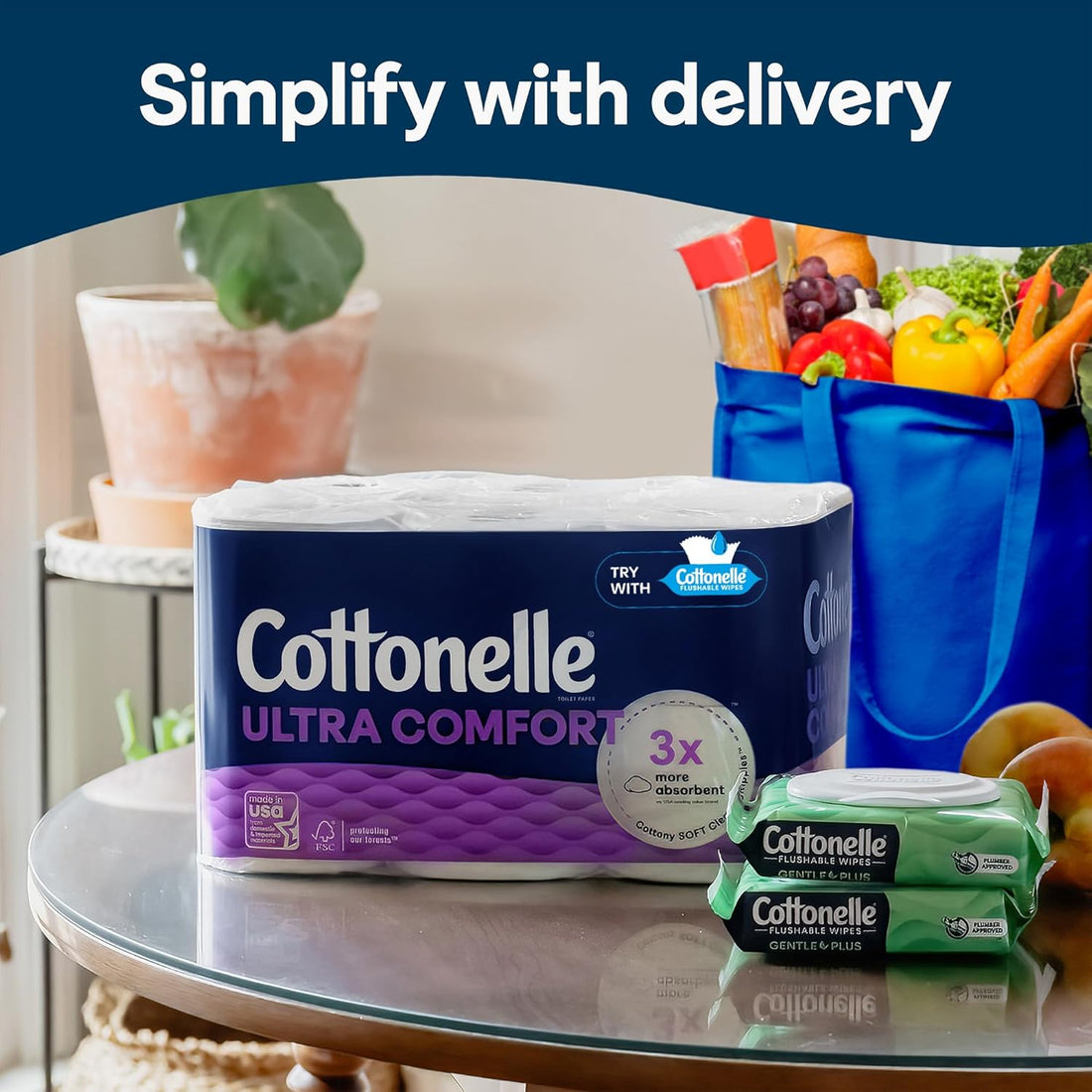 Cottonelle Ultra Comfort toilet paper on a table with a bag of groceries in the background.